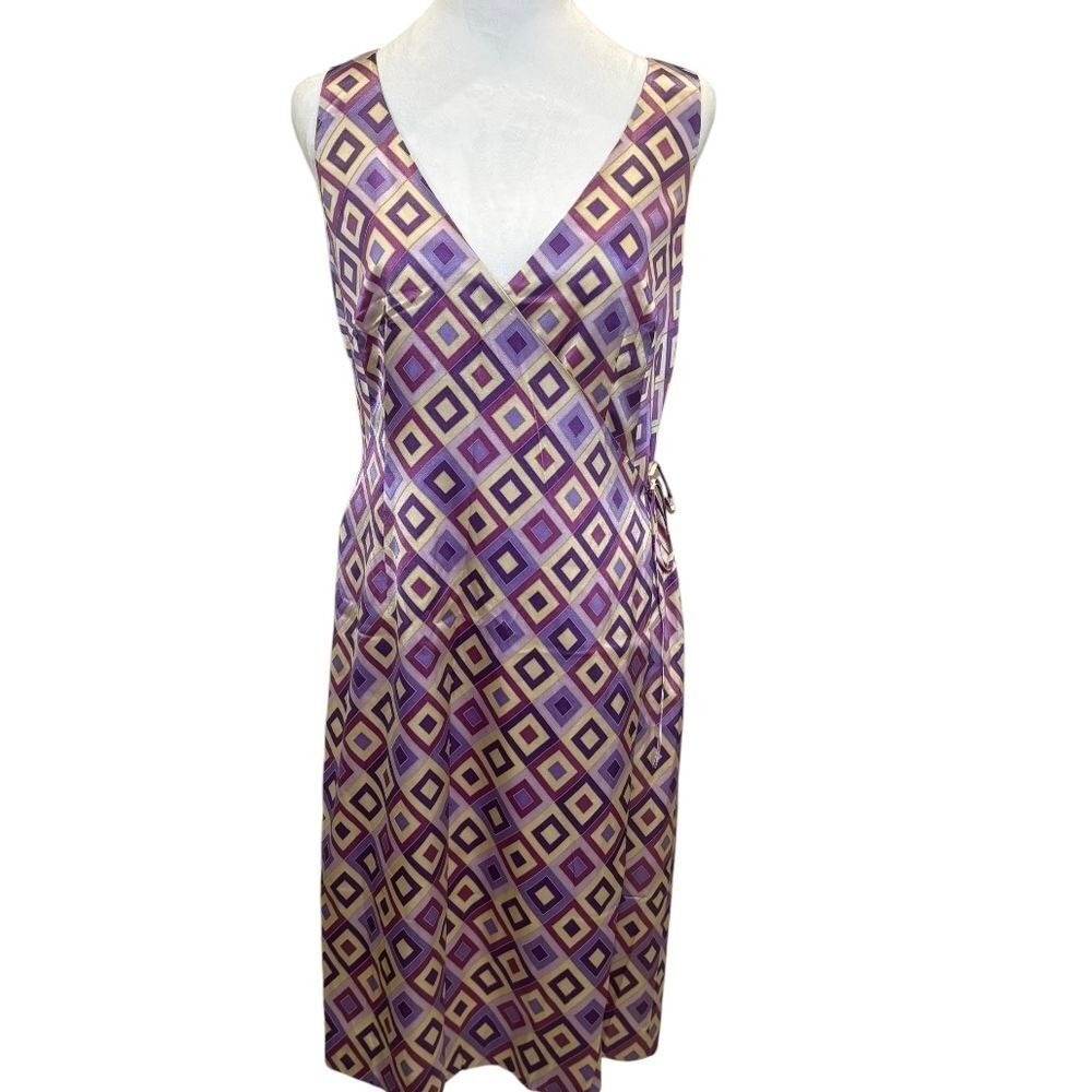 Shoshanna Silk Pink Purple Geometric Print Wrap Dress Sz 12 Sleeveless Lined - Picture 2 of 7